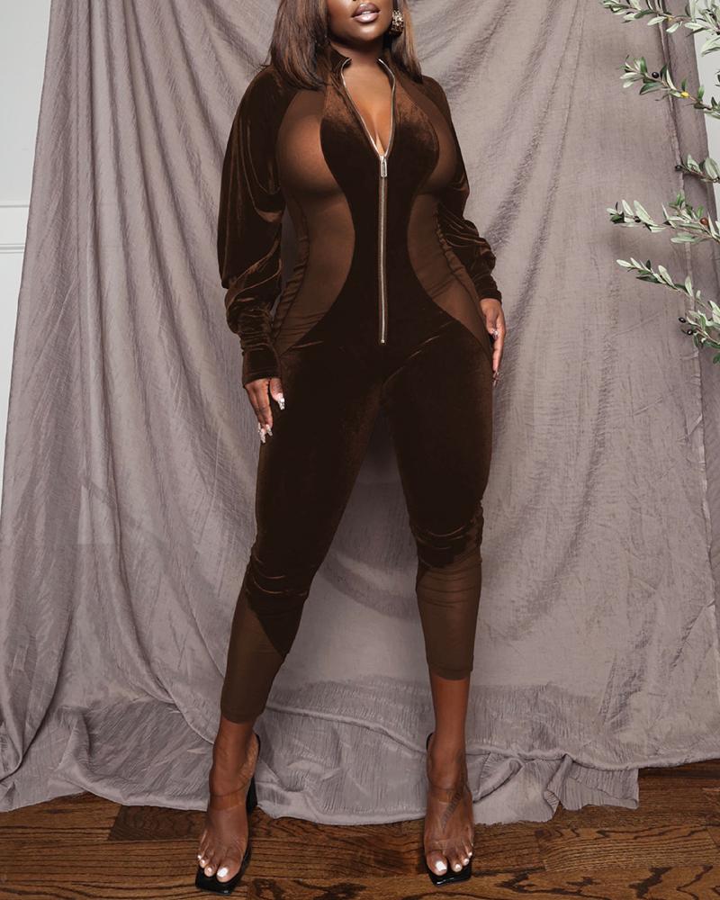 

Sheer Mesh Patch Zipper Design Jumpsuit, Brown