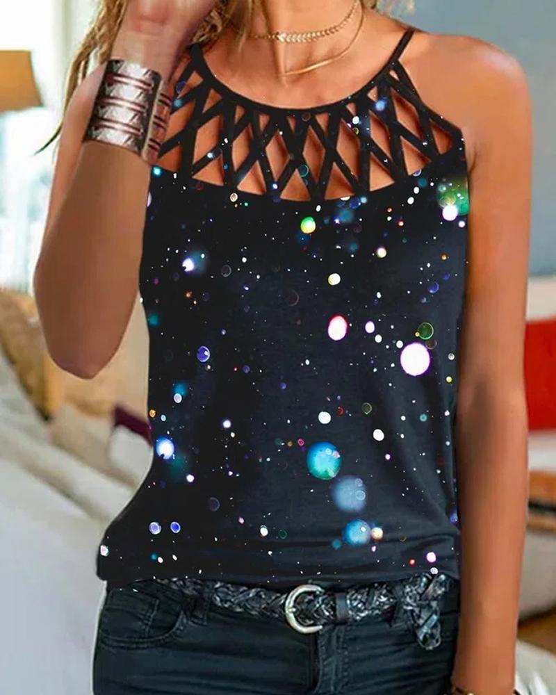 

Hollow Out Allover Print Tank Top, Black
