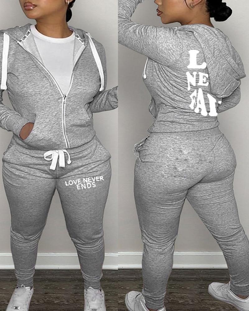 

Plus Size Letter Print Hooded Zip Up Top & Pants Set, Gray