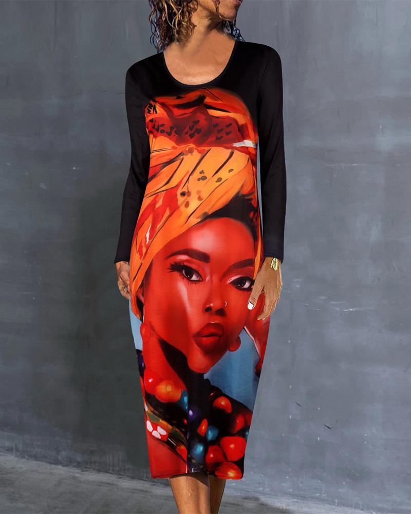 

Figure Print Long Sleeve Dress, Orange