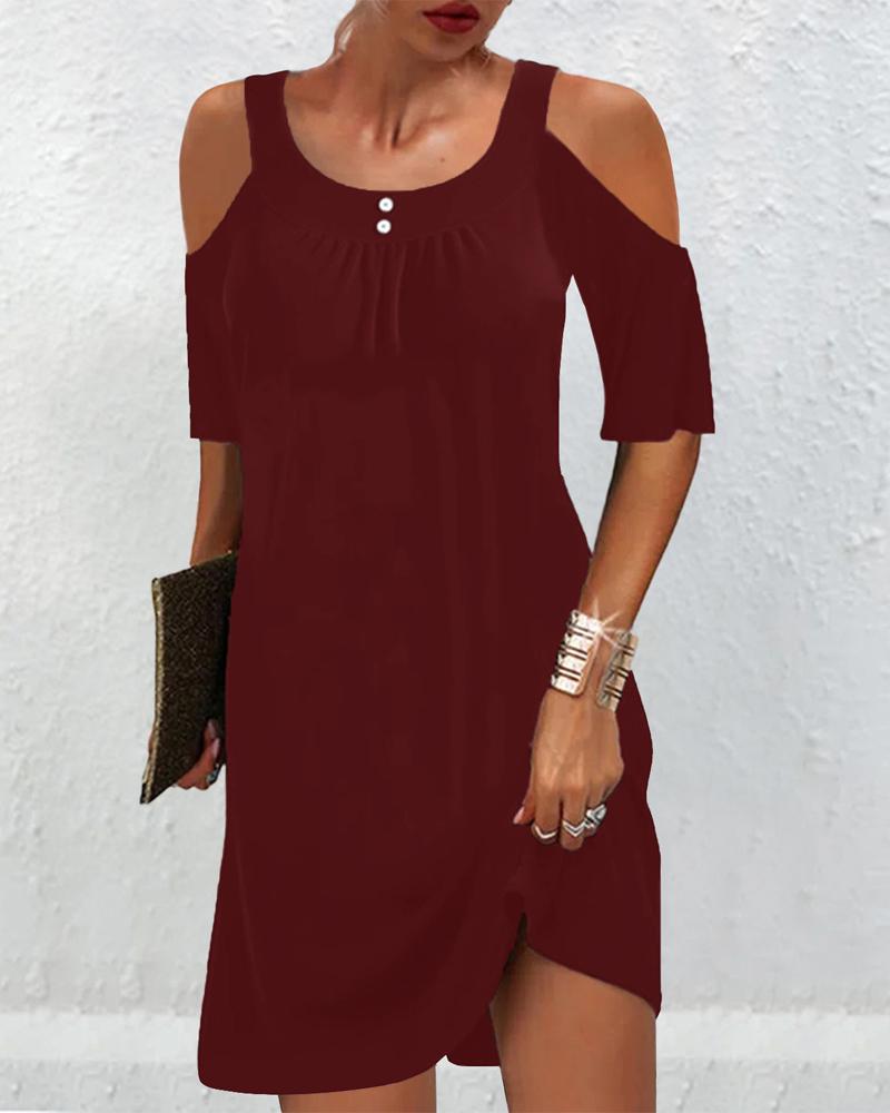 

Ruched Detail Cold Shoulder Casual Dress, Wine red