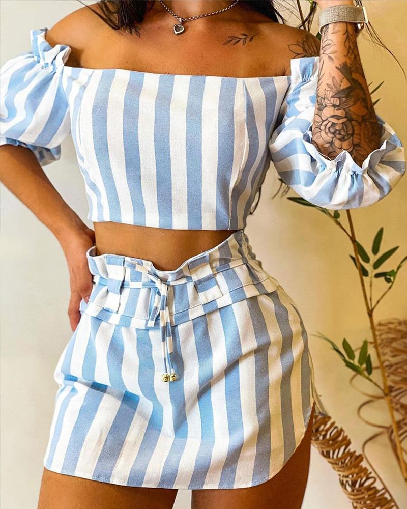 

Striped Print Off Shoulder Crop Top & Skirt Set, Blue