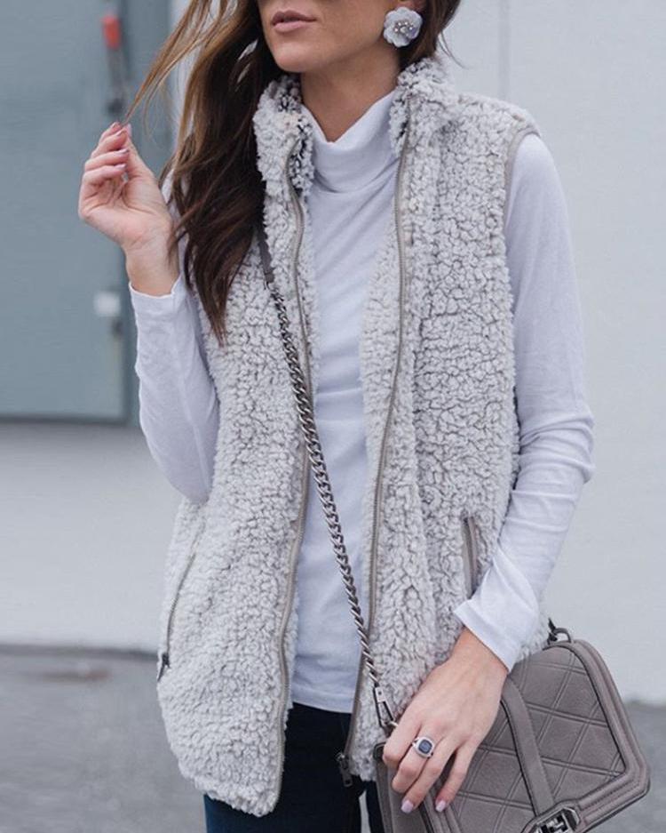 

Fluffy Zipper Pocket Design Sleeveless Coats, White