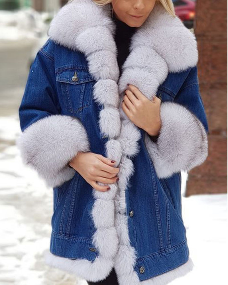 

Long Sleeve Button Front Fuzzy Trim Denim Coat, White