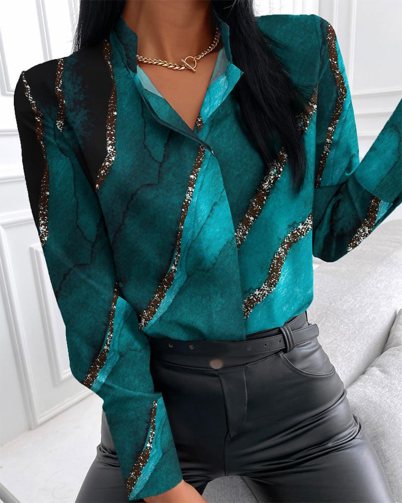

Marble Print Long Sleeve Button Down Shirt, Green