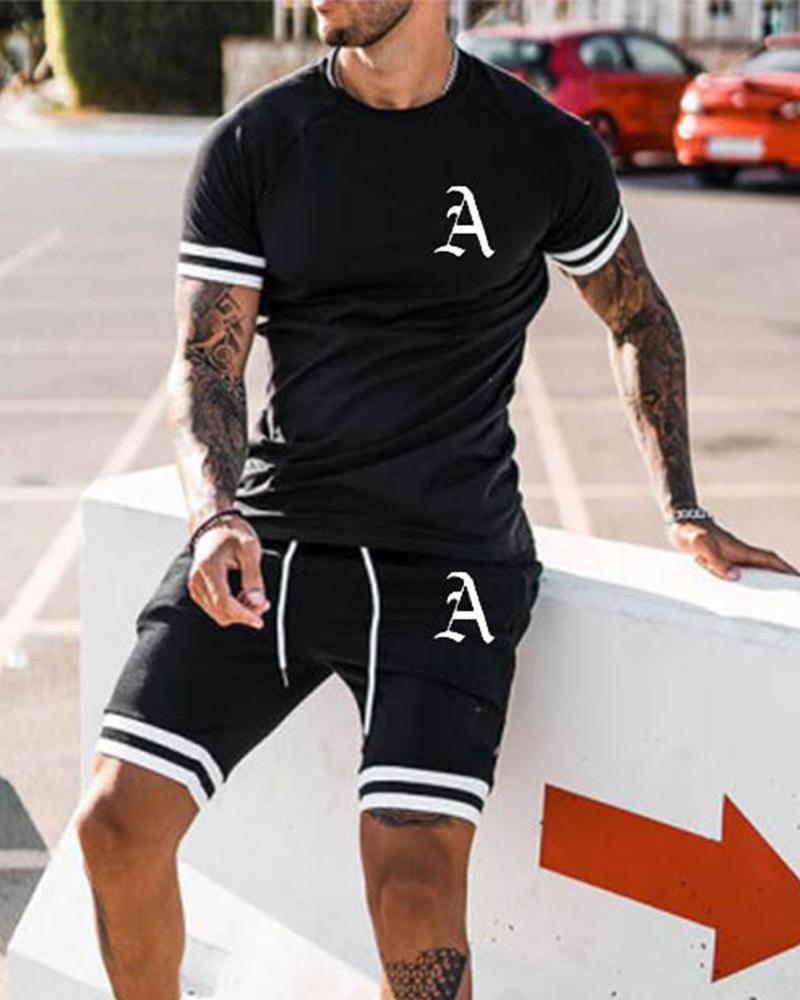 

Letter Print Short Sleeve Active Sets, Black