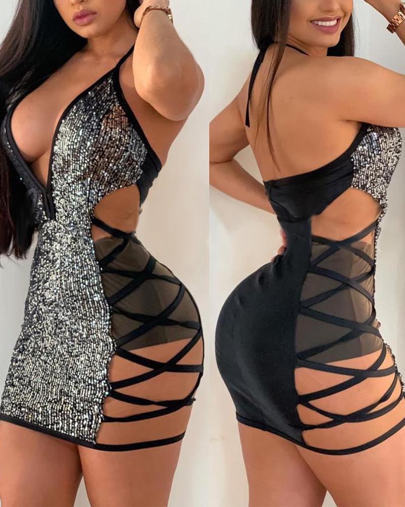 

Contrast Sequin Halter Backless Crisscross Mini Dress, Silver