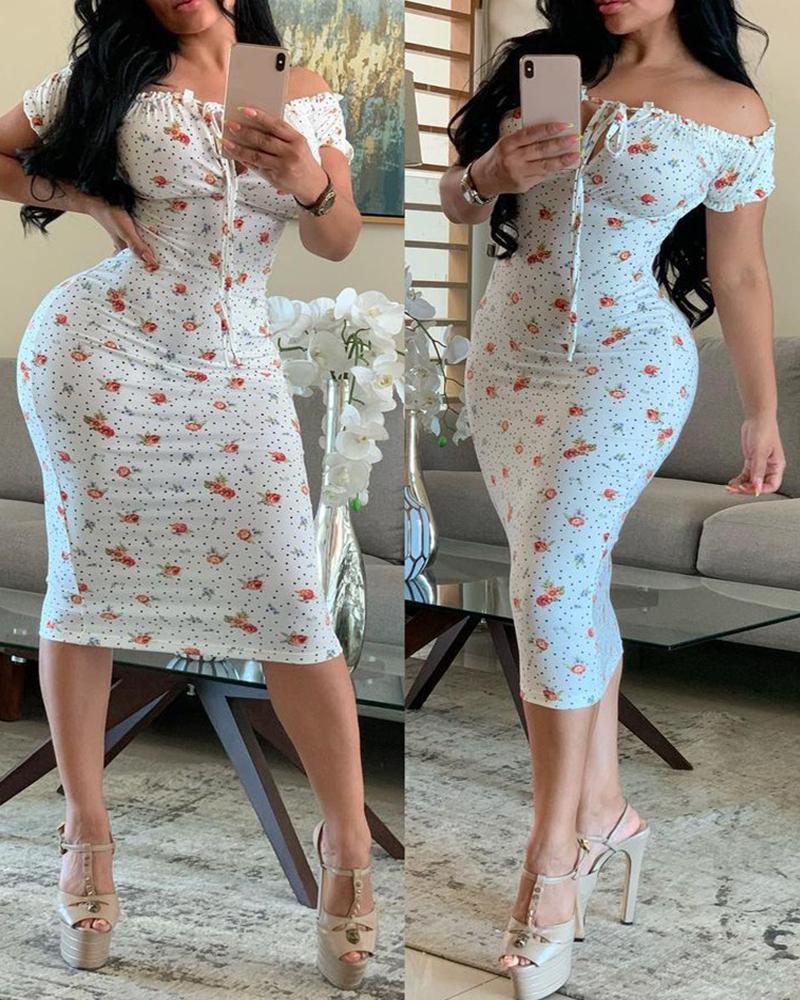 

Floral Print Off Shoulder Bodycon Dress, White