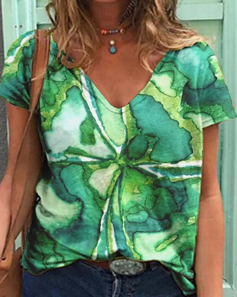 

Clover Pattern Print Short Sleeve Casual T-shirt, Style1