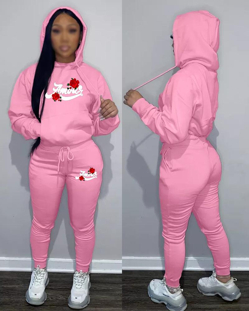 

Plus Size Letter Floral Print Casual Hoodie & Pants Set, Pink