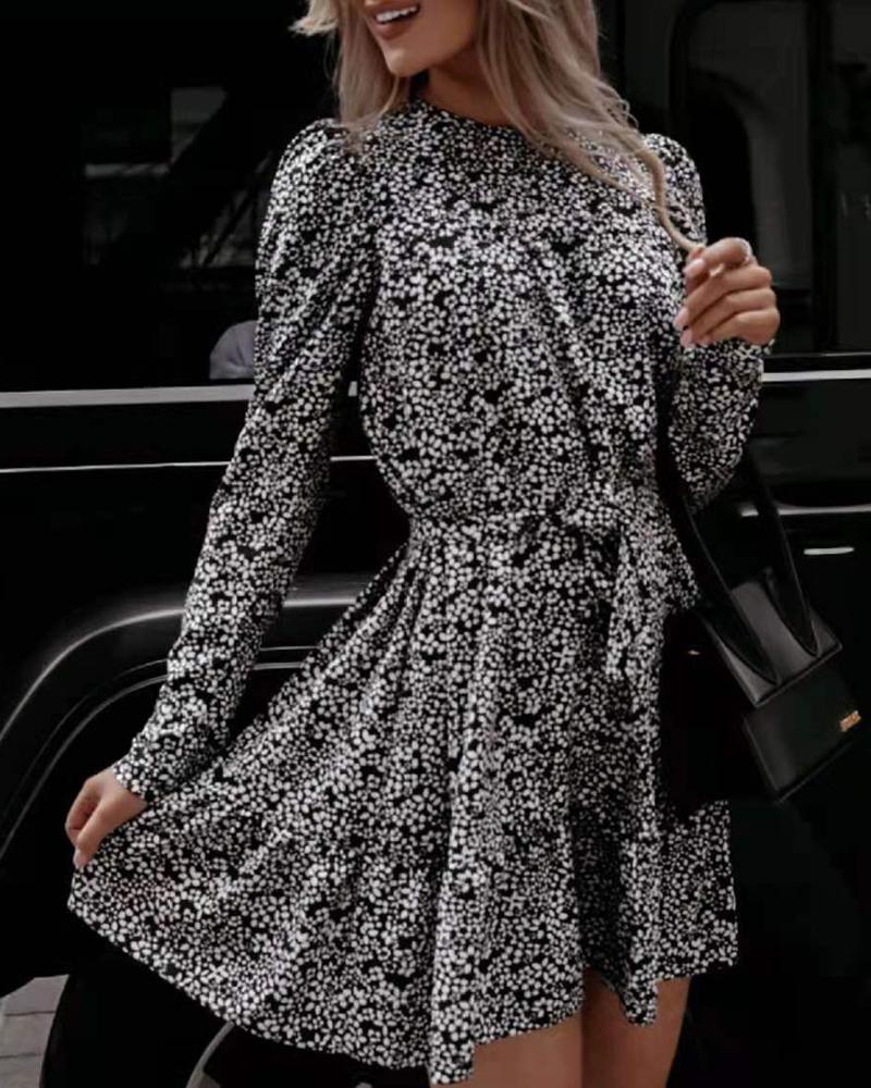 

O Neck Puff Sleeve Tied Detail Print Dress, Black