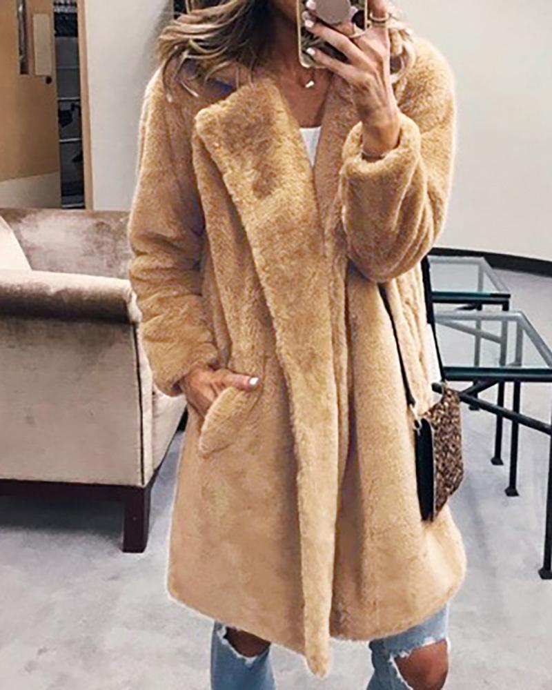 

Pocket Design Long Sleeve Faux Fur Coat, Khaki