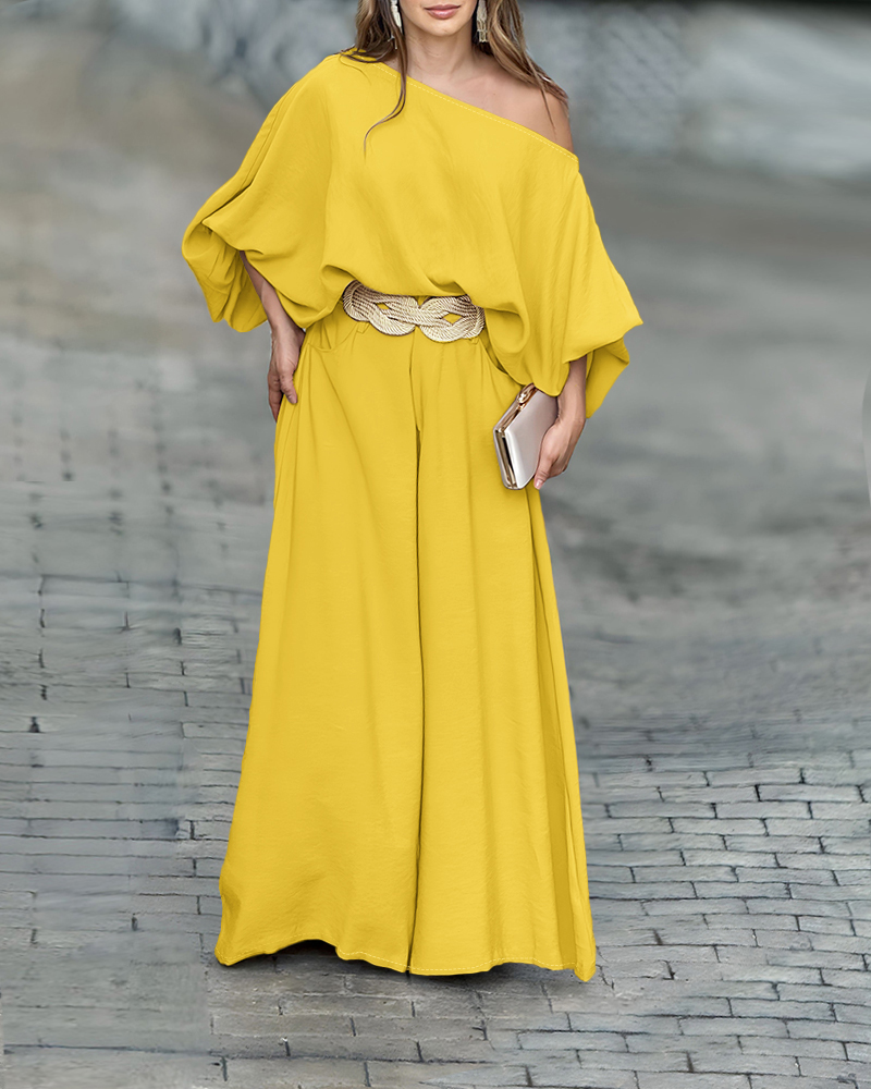 

Skew Neck Lantern Sleeve Top & Wide Leg Pants Set, Yellow