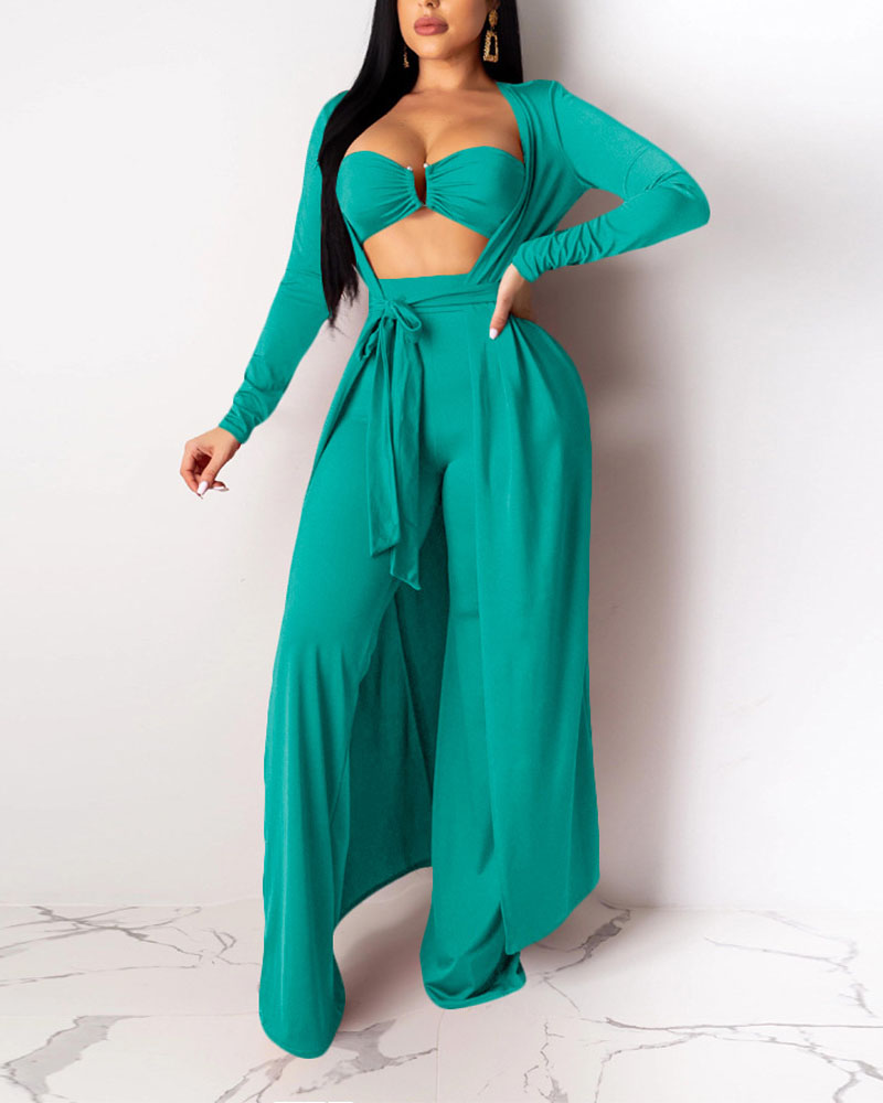 

Ruched Bust Crop Tube Top & Pants With Longline Belted Cardigan Set, Green