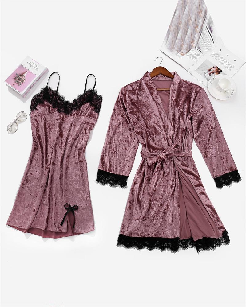 

Bowknot Decor Lace Trim Velvet Nightdress With Belted Robe, Pink