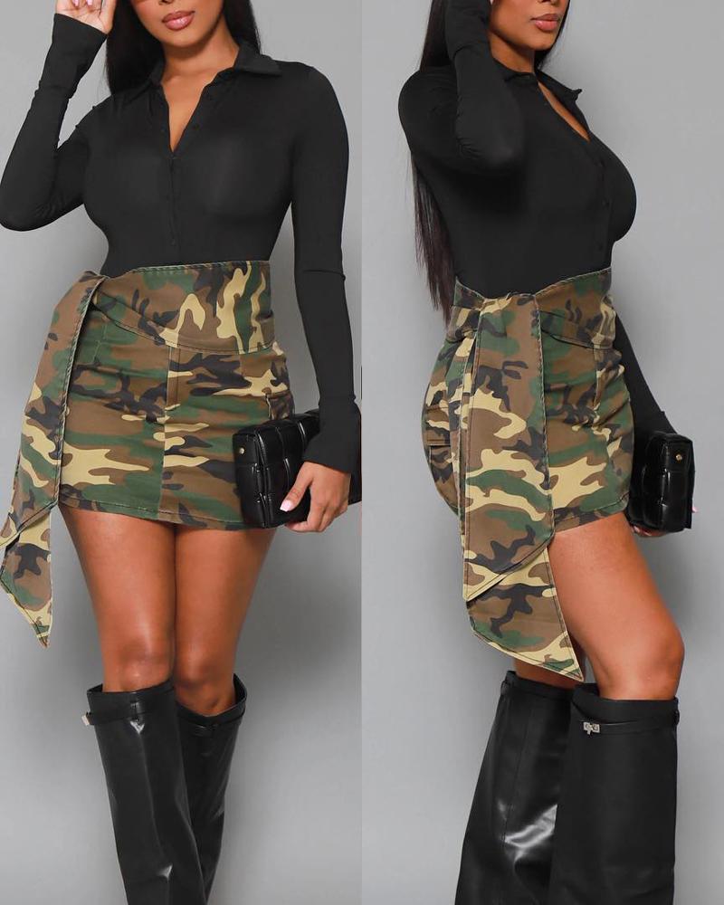 

Camouflage Print Tied Detail Pocket Design Skirt, Green