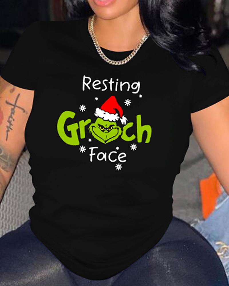

Christmas Short Sleeve Graphices Letter Print Top, Black