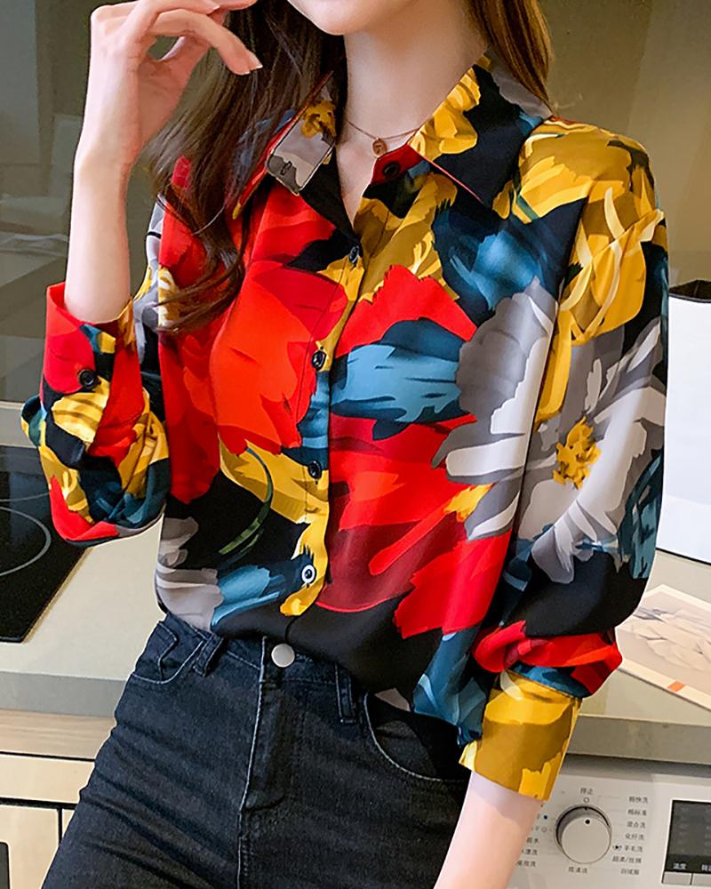 

Long Sleeve Buttoned Floral Print Top, Black