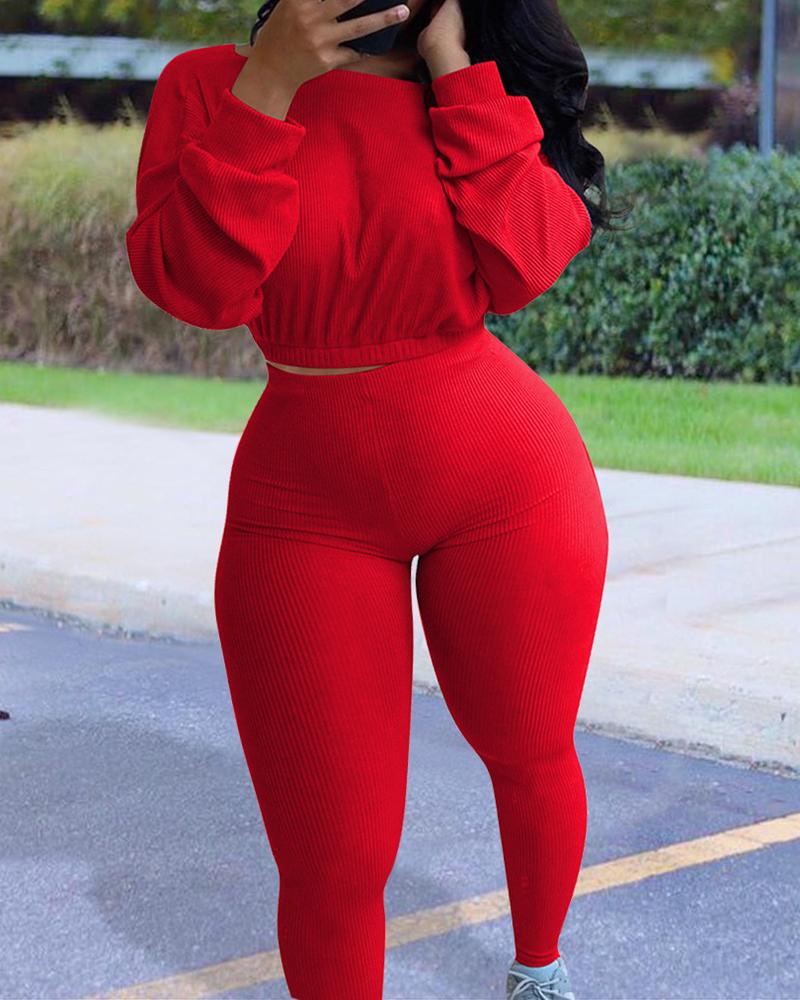 

Solid Long Sleeve Crop Top & Fitted High Wasit Pants Set, Red