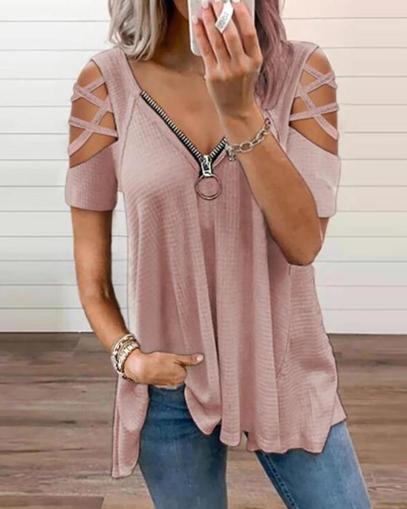 

Cutout Short Sleeve Zipper Design Top, Pink