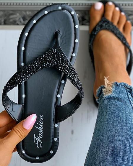 

Rhinestone Decor Flat Flip Flops, Black