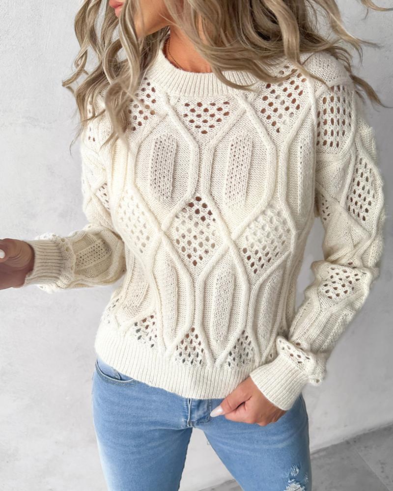 

Mock Neck Hollow-out Knit Sweater, Beige