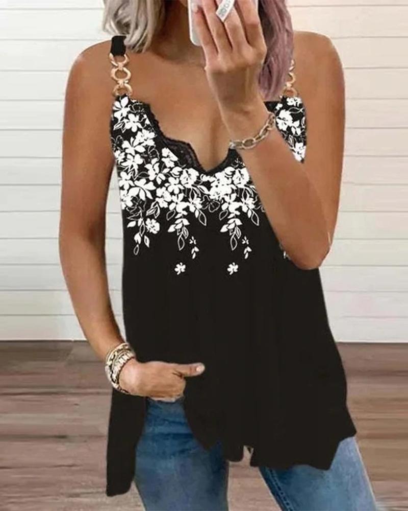 

Chain Strap Floral Print Tank Top, Black