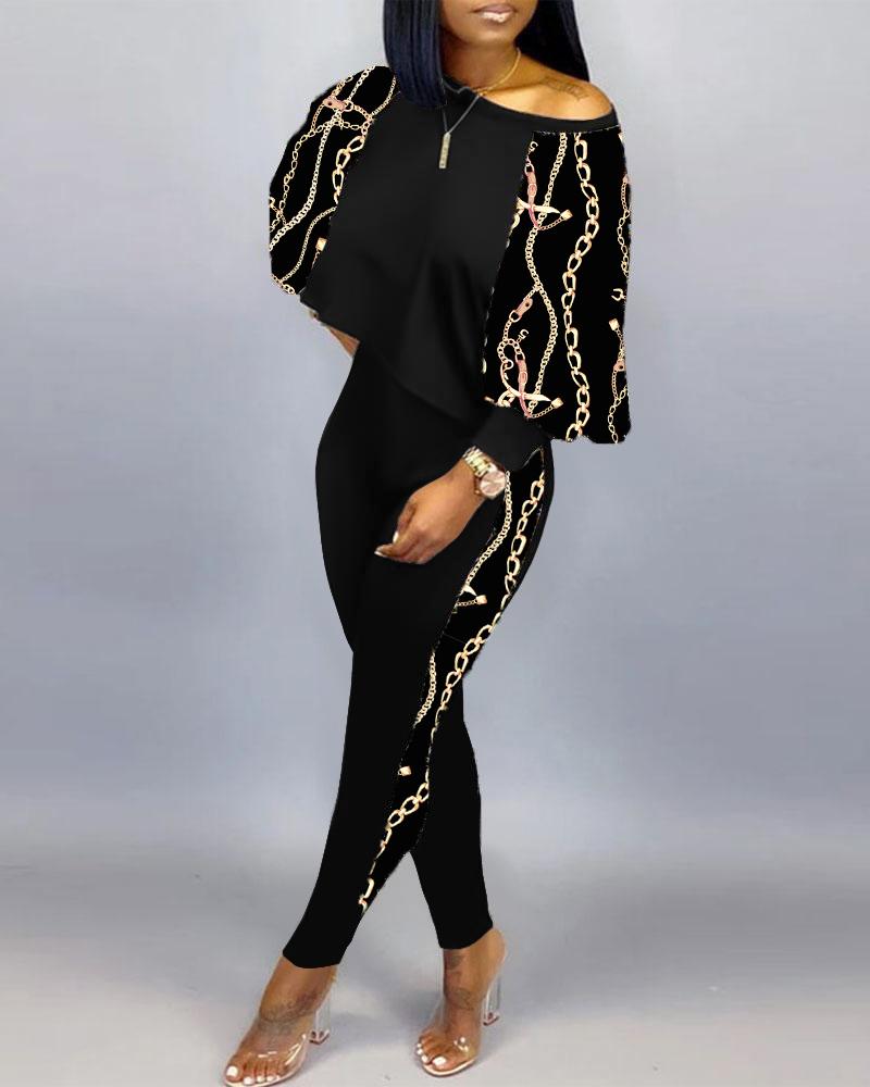 

Chain Print Lantern Sleeve Top & Pants Set, Black