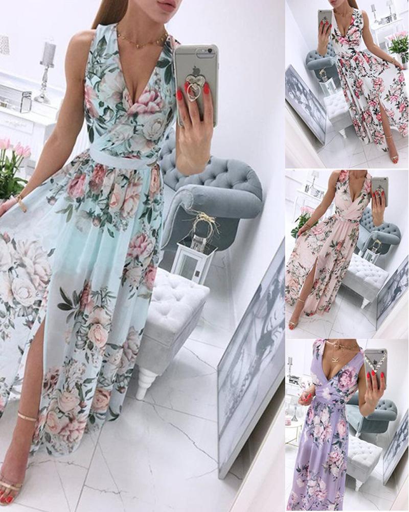 

V-Neck Floral Print High Slit Dress, Lighted blue