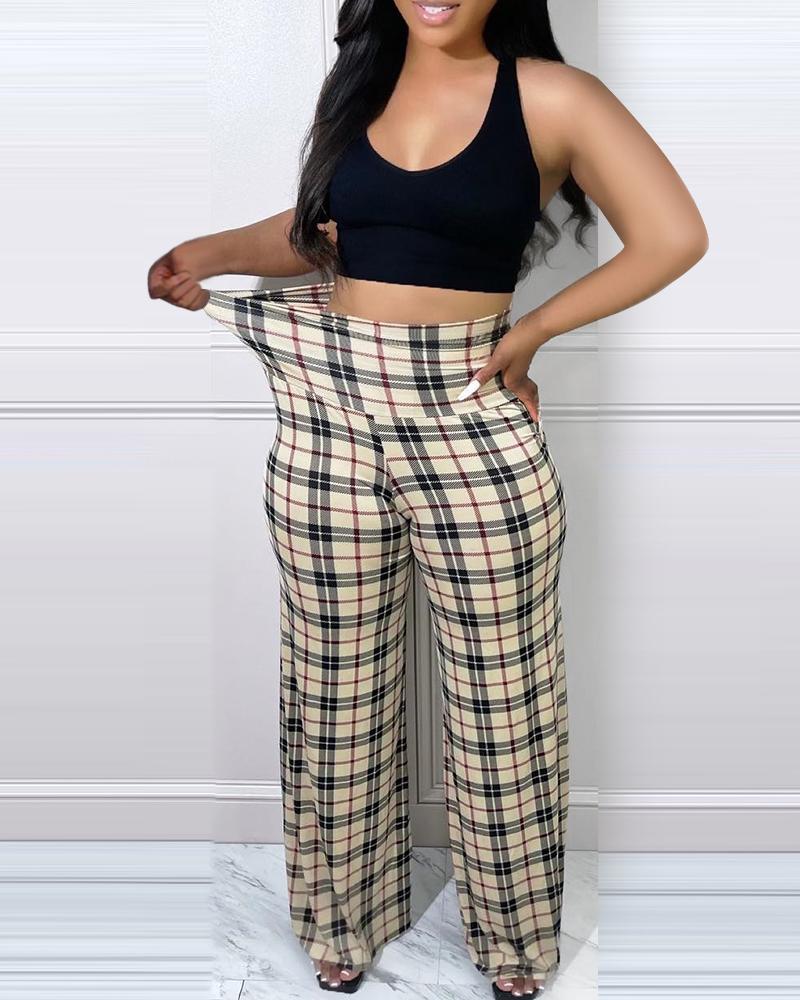 

Plus Size Plaid Print High Waist Pants, Apricot