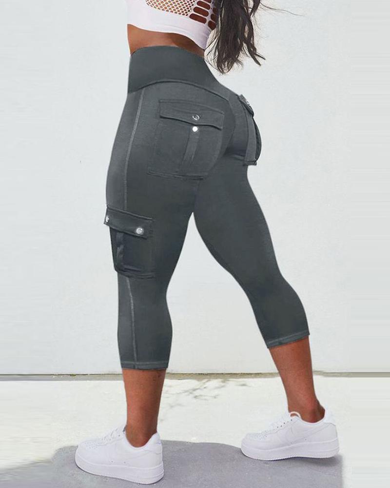 

Pocket Design High Waist Capris Sports Leggings, Gray