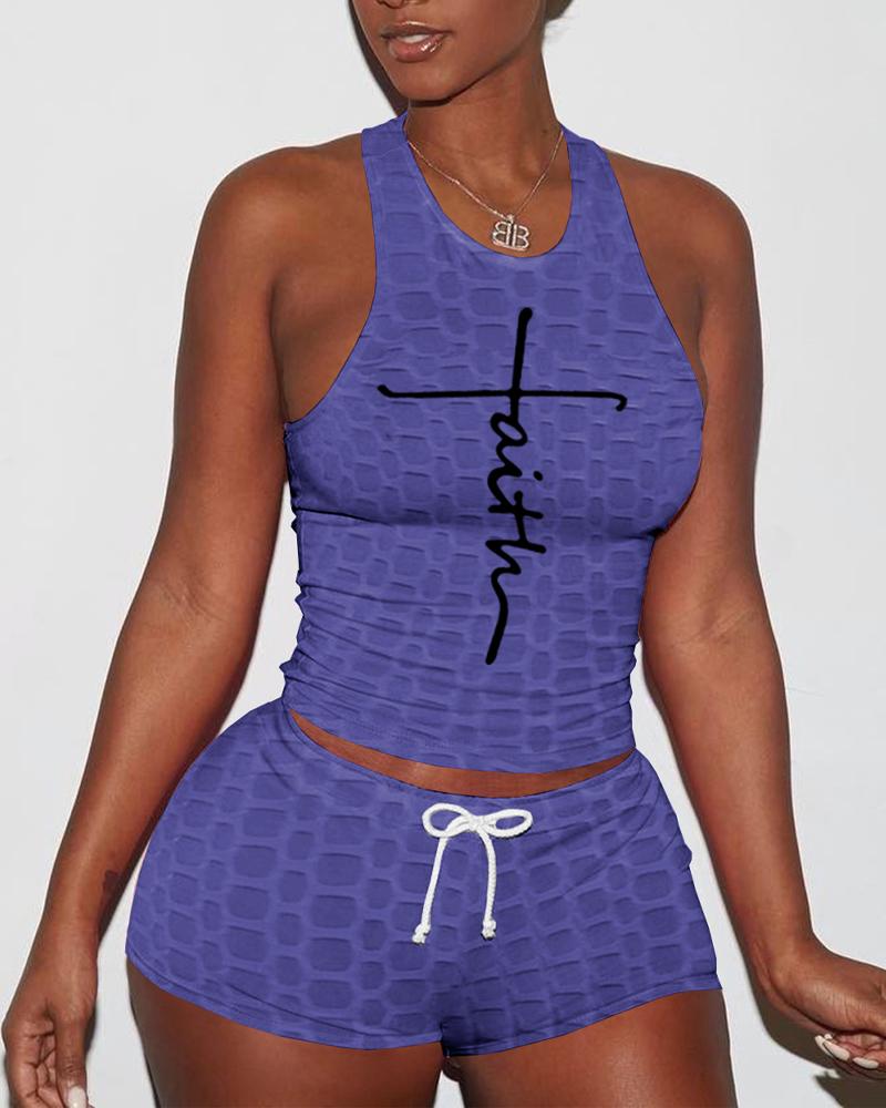 

Letter Print Textured Drawstring Active Set, Purple