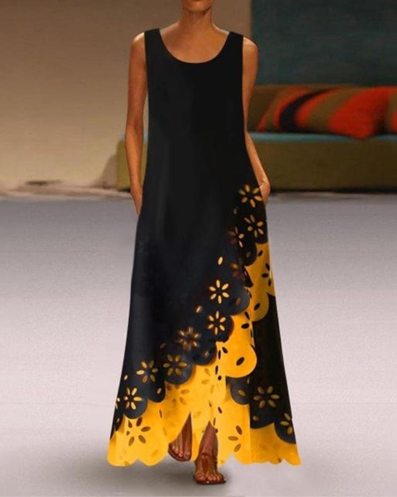 

Colorblock Hollow Out Scallop Trim Maxi Dress, Yellow