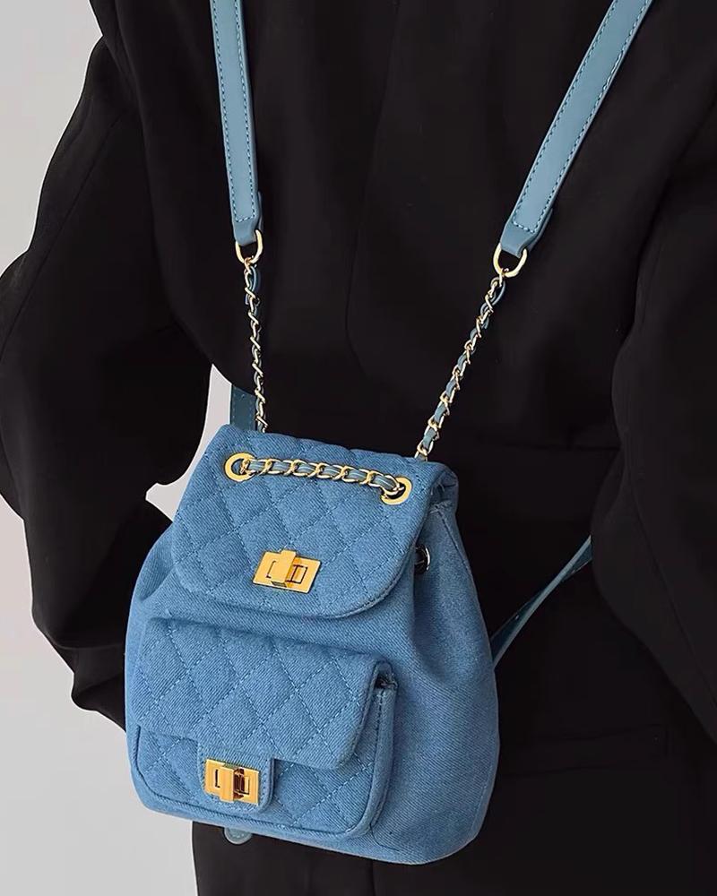 

Chain Decor Pocket Design Canvas Backpack, Blue