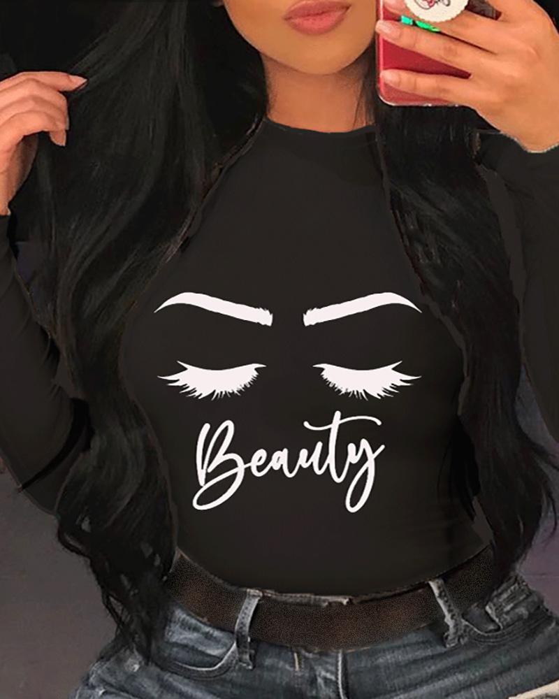 

Eyes Letter Print Casual Sweatshirt, Black
