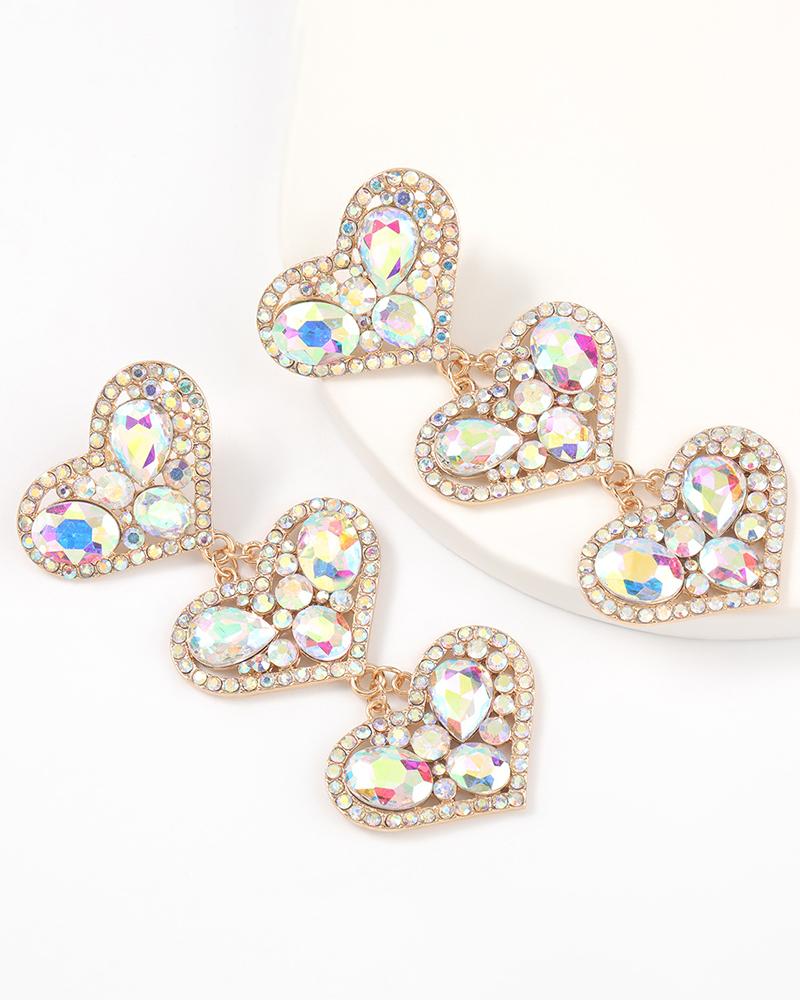 

1Pair Heart Shaped Colorful Rhinestone Drop Earrings, White