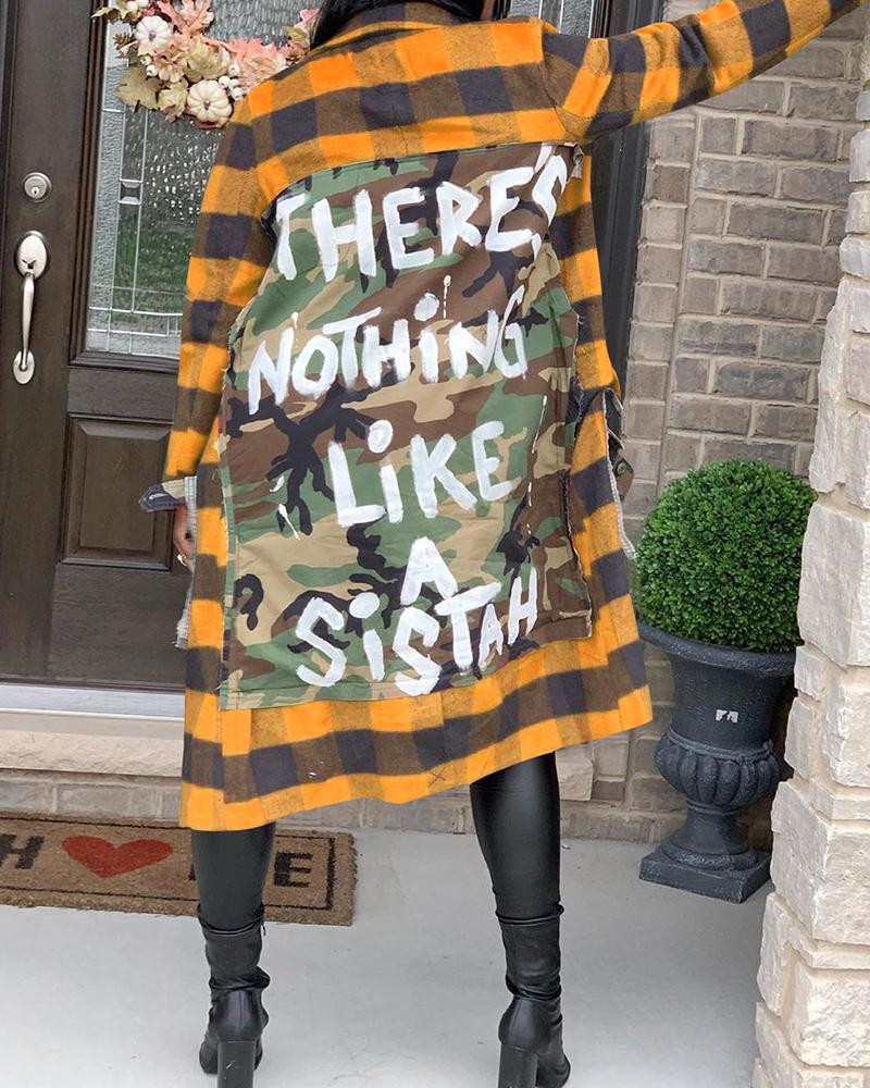 

Mixed Print Pocket Design Long Sleeve Plaid Trench Coat, Yellow
