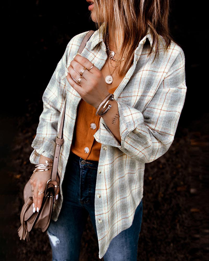 

Long Sleeve Button Design Plaid Print Shacket, Gray