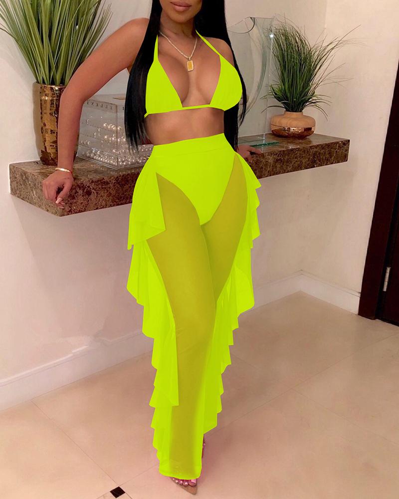 

Plain Halter Crop Top & Ruffles Hem Sheer Mesh Pants Set, Green