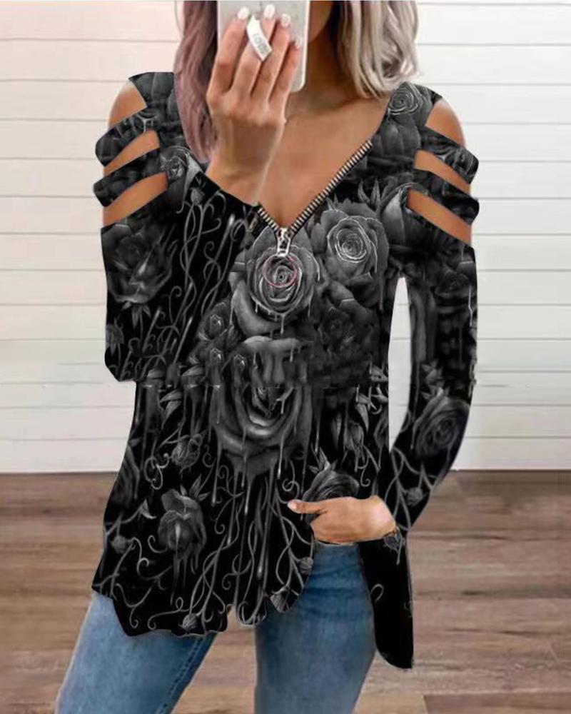 

Floral Print Zipper V-Neck Cutout Top, Black