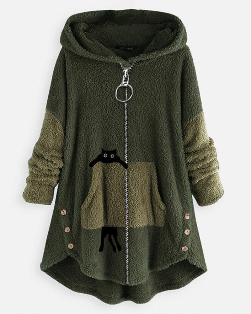 

Cat Print Long Sleeve Hooded Zip Up Teddy Coat, Green