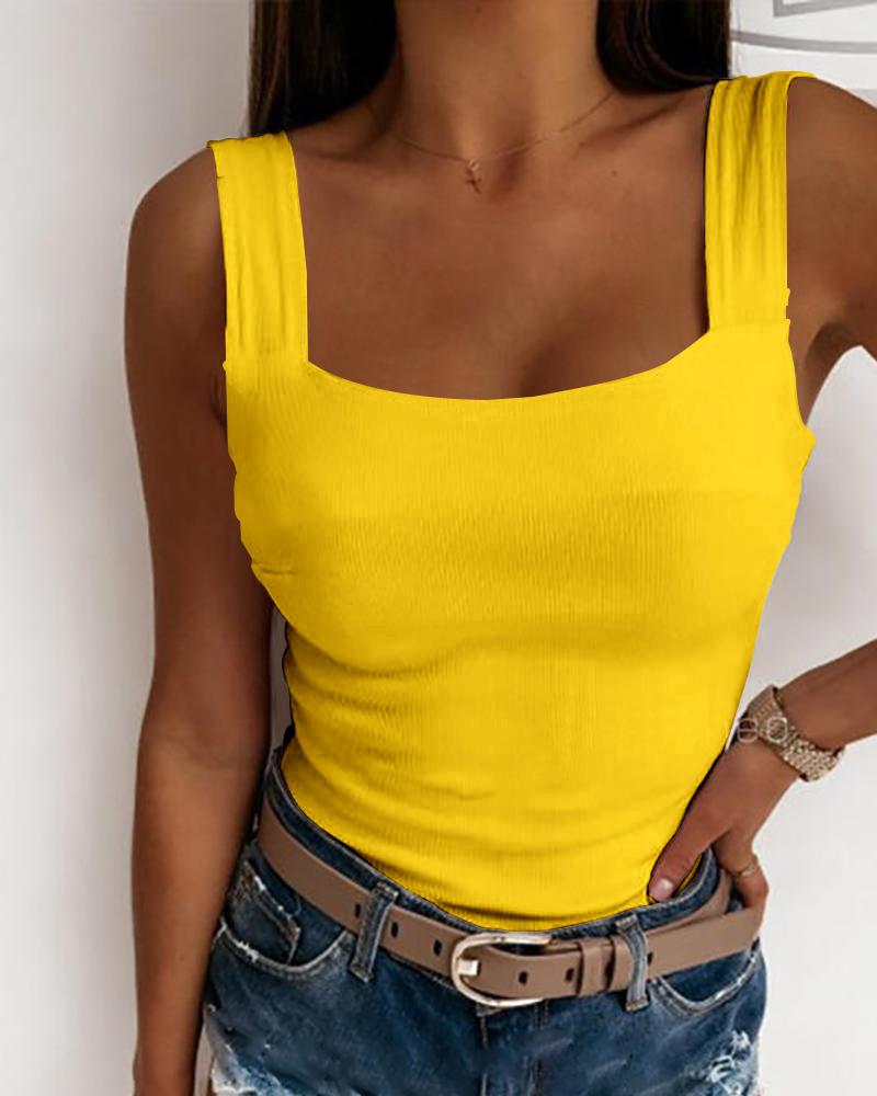 

Square Neck Backless Knit Basic Tank Top, Yellow