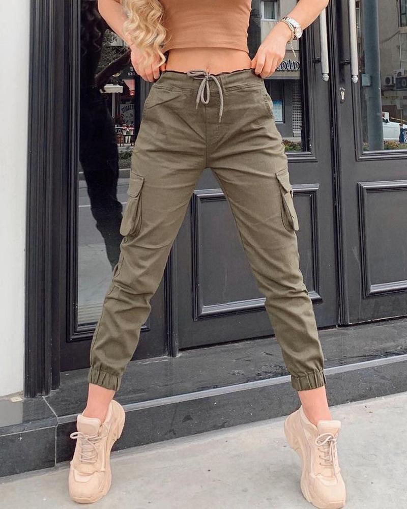 

Drawstring Waist Flap Pocket Cargo Pants, Green
