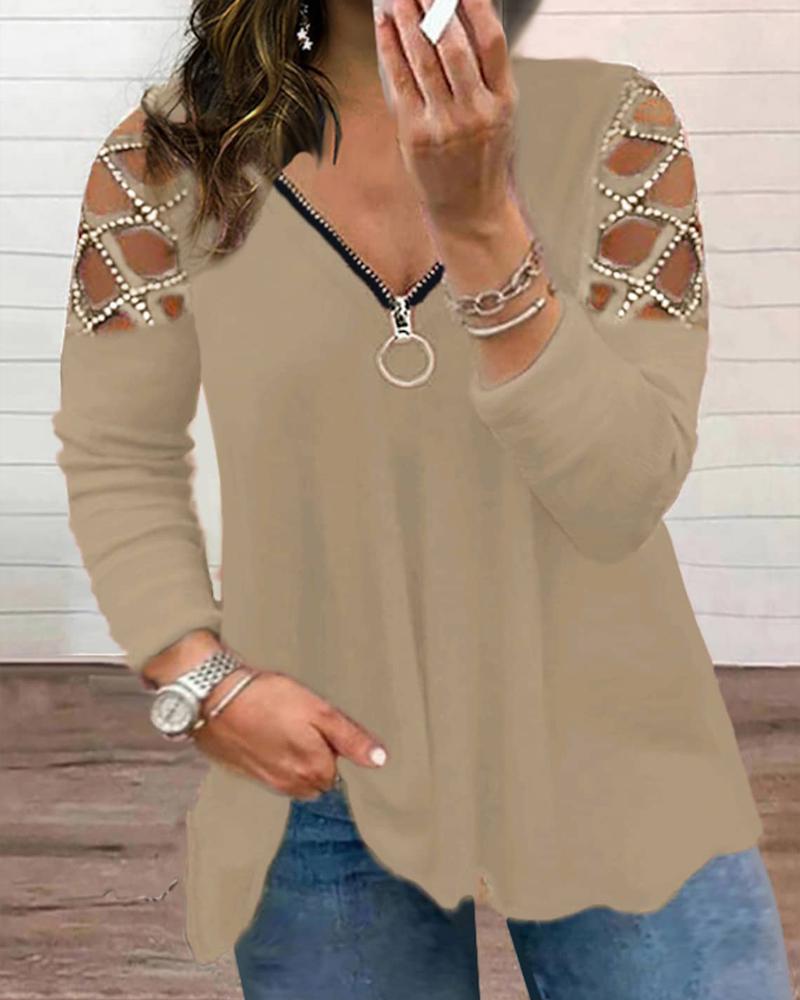 

Plus Size Zip Front Rhinestone Cold Shoulder Top, Khaki