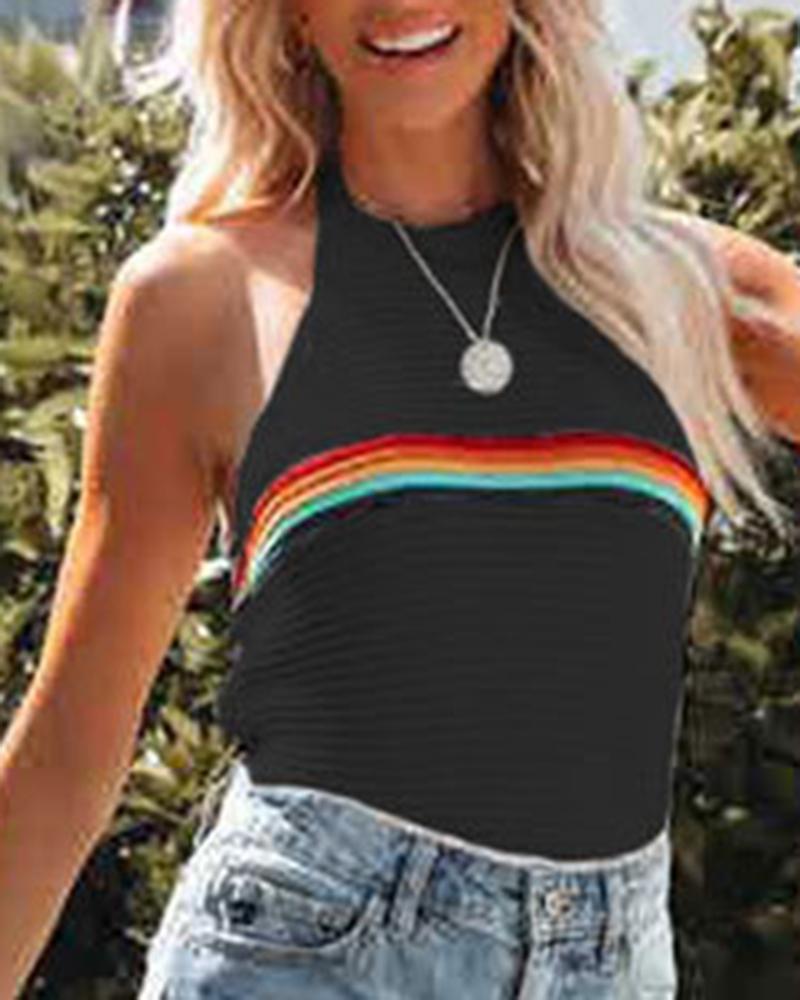 

Rainbow Stripe Pattern Backless Crochet Tank Top, Black