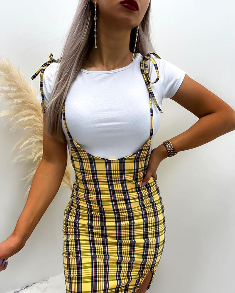 

Short Sleeve T-shirt & Plaid Print Slit Suspender Skirt Set, White