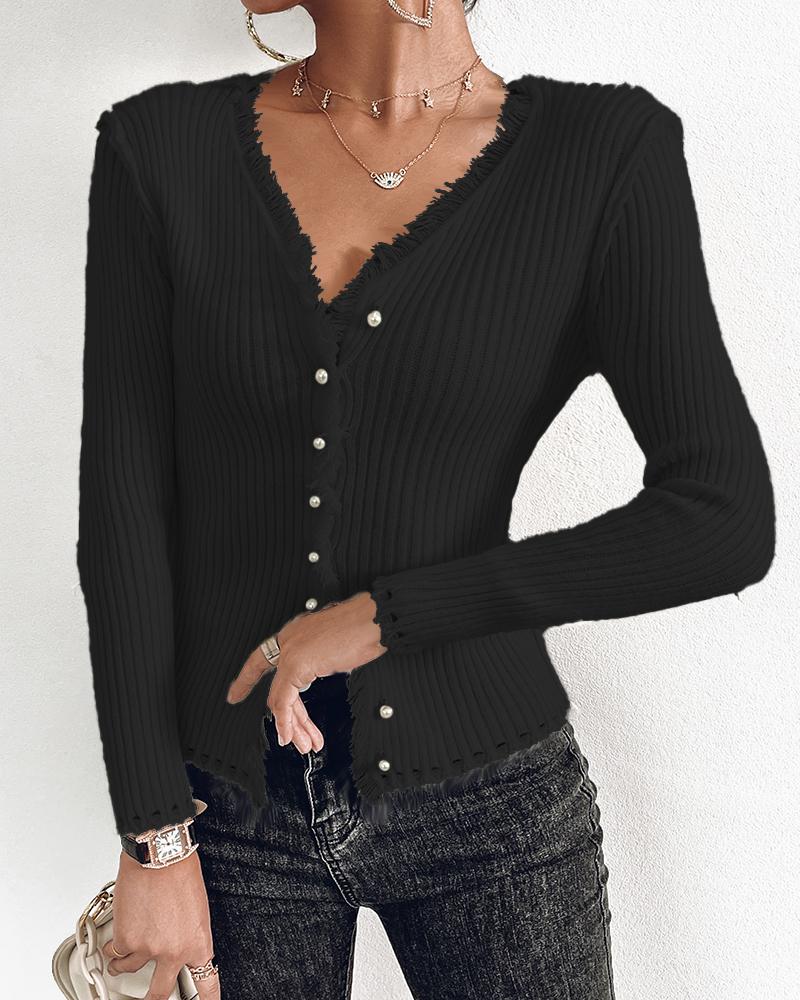 

Raw Hem Buttoned Asymmetrical Knit Cardigan, Black