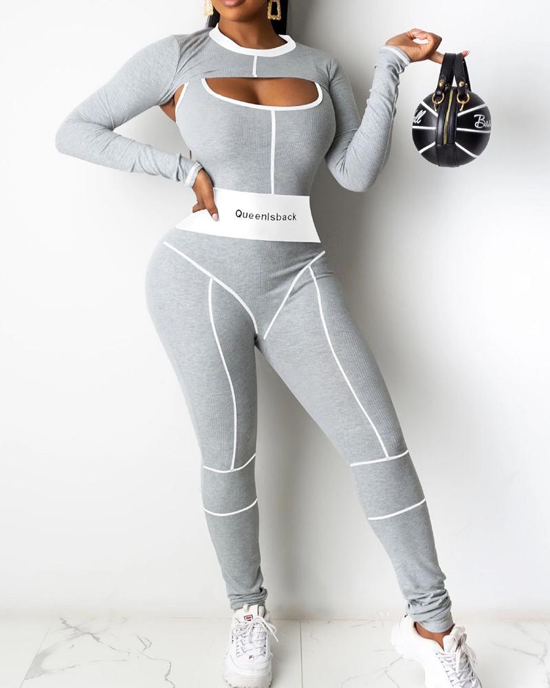 

Colorblock Long Sleeve Top & Letter Print Jumpsuit Set, Gray