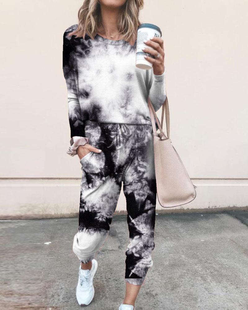 

Tie Dye Print Top & Drawstring Pants Set, Black