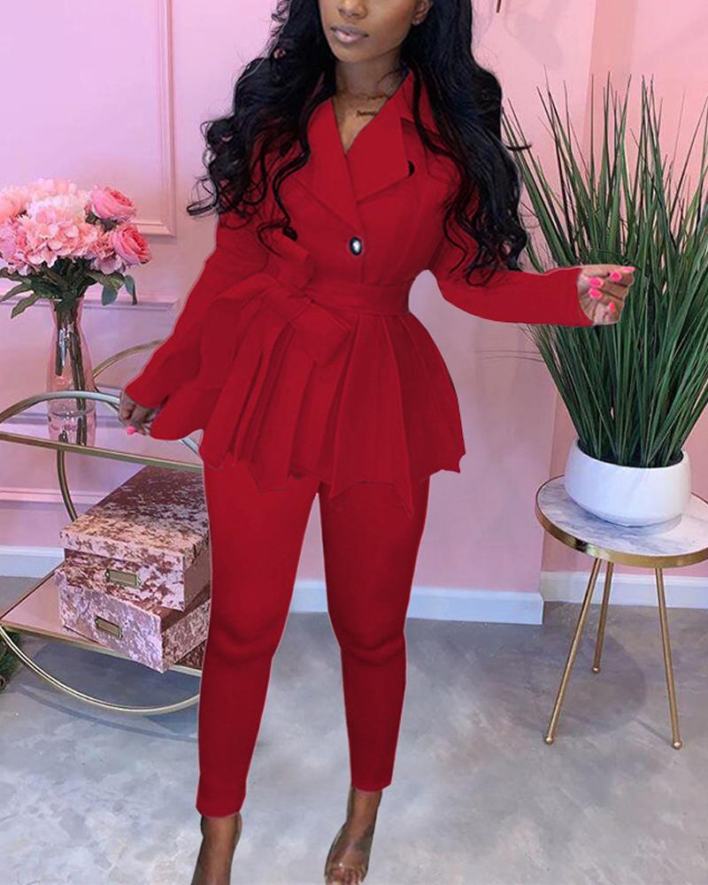 

Long Sleeve Double Breasted Belted Coat & Pants Set, Red